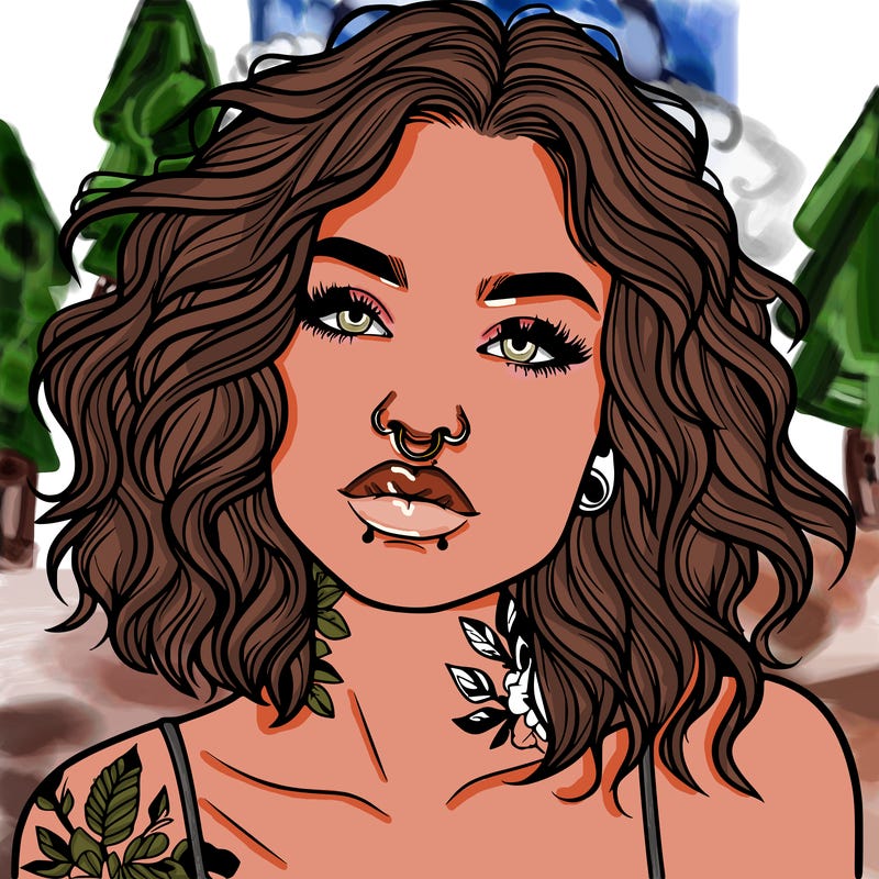 realistic woman with septum piercing and wavy hair and tattoos