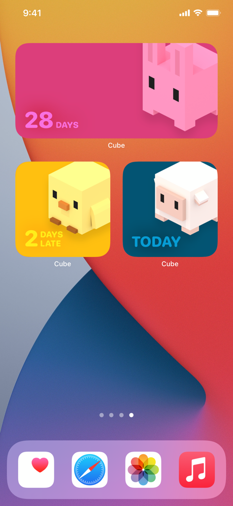 カラフルなCube Period Trackerウィジェットとかわいいボクセルスタイルの動物キャラクターを特徴とする、ミニマルなiOSホーム画面。