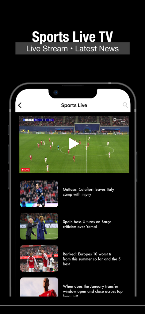 Sports Live TV Streaming - Interfaz de la aplicación Sports Live TV que muestra una transmisión de fútbol en vivo y artículos de noticias deportivas.