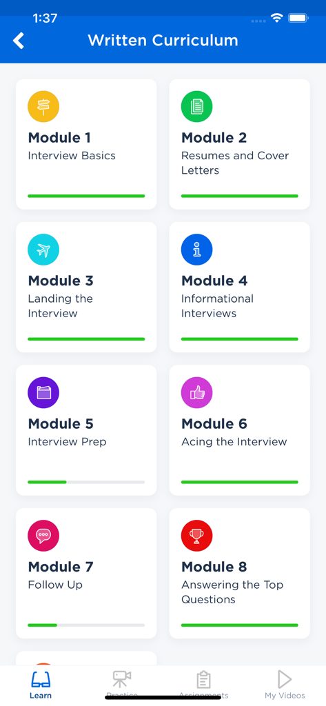 Big Interview - Interface of the Big Interview app showing eight curriculum modules for job interview preparation including interview basics and resumes.