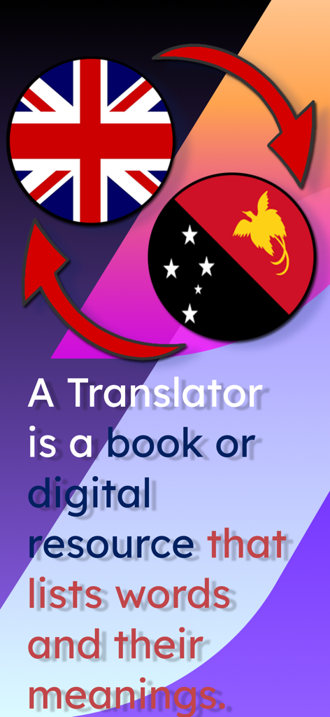 English and Tok Pisin translator app display with flags and translator definition