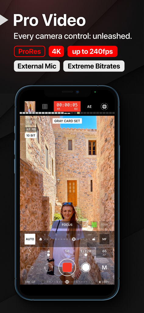 ProShot mobile app professional video recording interface with manual camera settings