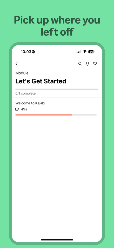 Kajabi mobile app interface showing a course module with a progress bar