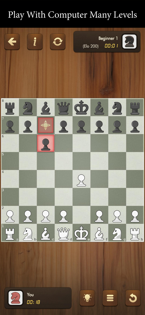 Interface de jeu d'échecs sur mobile présentant un plateau 2D et un match contre une IA d'ordinateur.