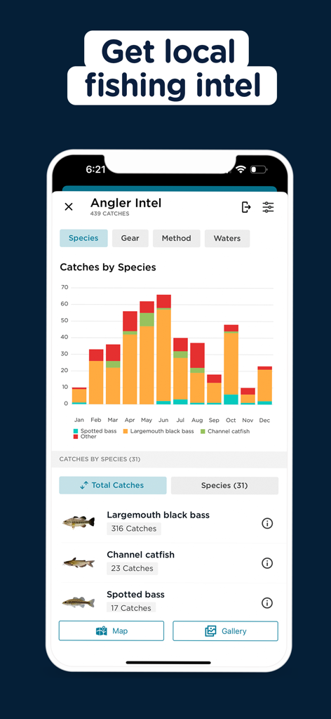 FishAngler - Fish Finder App - FishAngler app showing local fishing data and catches by species statistics chart