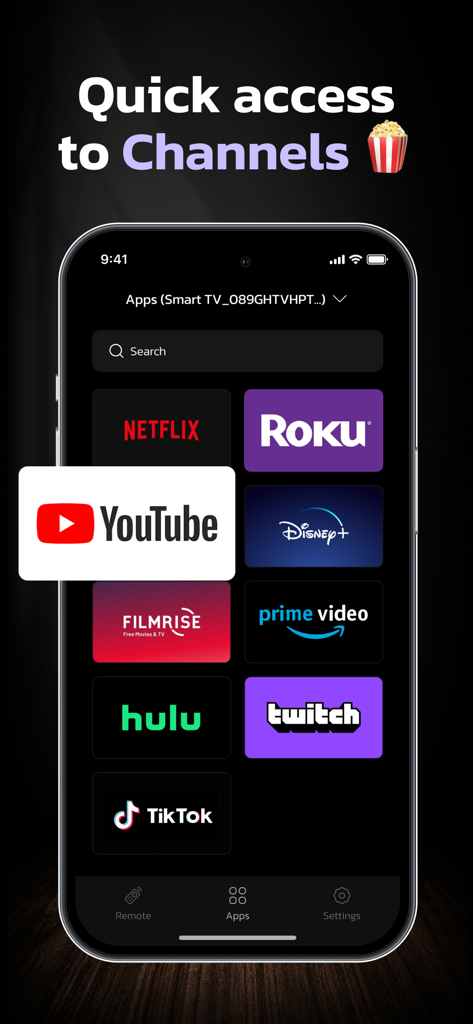 Universal Remote: TV Control • - Interfaz de la aplicación Control Remoto Universal que muestra una cuadrícula de canales de transmisión, incluidos YouTube, Netflix y Disney Plus, para un acceso rápido.