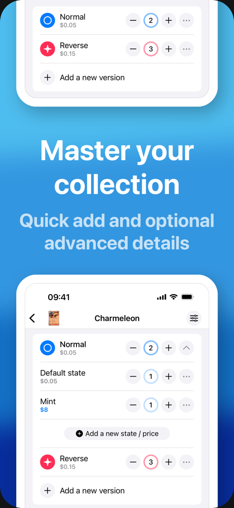 ProDex TCG - Card Tracker - ProDex TCG app screen showing detailed collection management for a Charmeleon card with version and price tracking