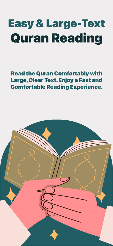 AI Quran Reader Athkar Tarteel - Una ilustración de manos sosteniendo un libro abierto con texto grande para una lectura cómoda del Corán.
