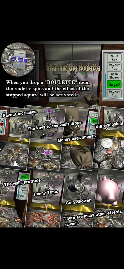 A montage showcasing various roulette bonus effects and gameplay features in the Money Pusher USD app