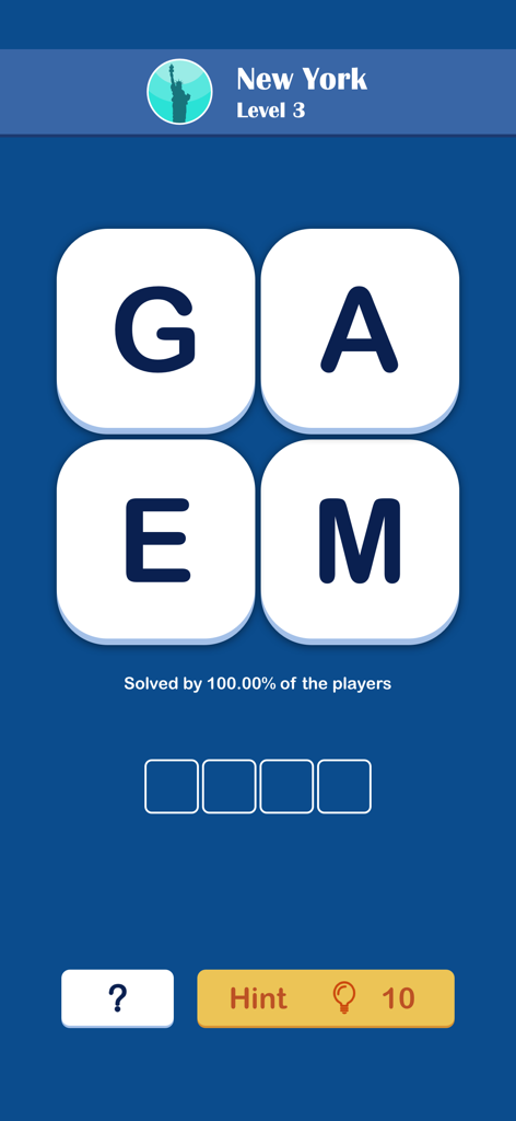 Screenshot of Wordful word game showing level three New York with letter tiles G A E M