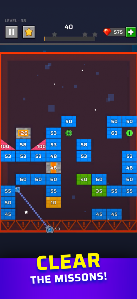 Ein Gameplay-Screenshot von Brick Out, der eine Reihe von Bällen zeigt, die nummerierte Blöcke treffen, um eine Mission zu erfüllen