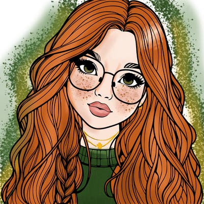 girl with long hair and freckles and glasses realistic