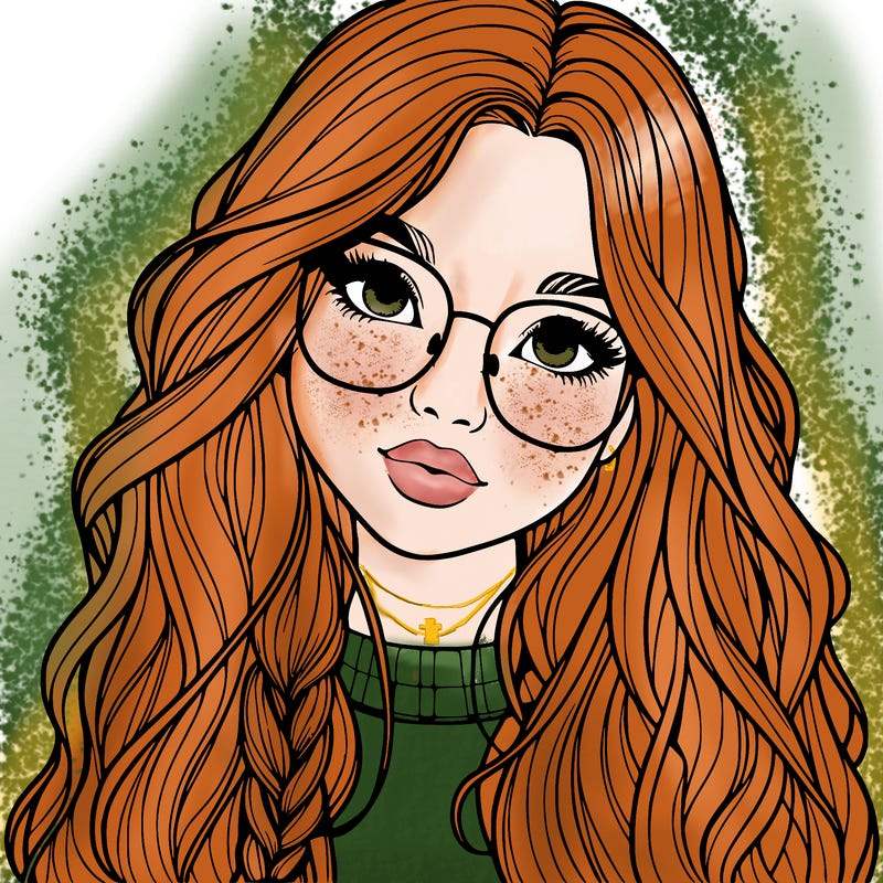 girl with long hair and freckles and glasses realistic