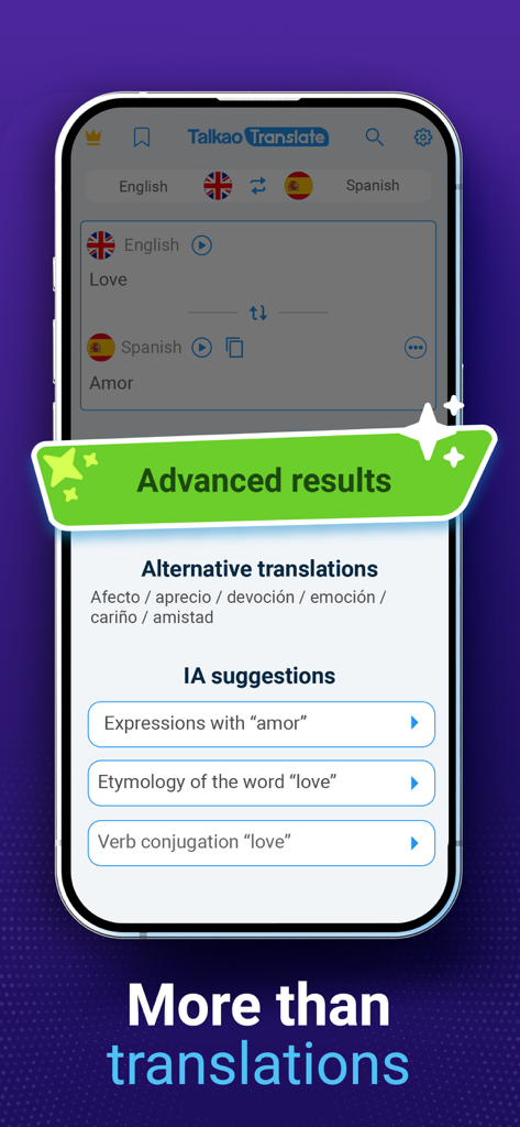 AI Voice Translator Translate - AI Voice Translator app displaying advanced translation results and language learning suggestions.