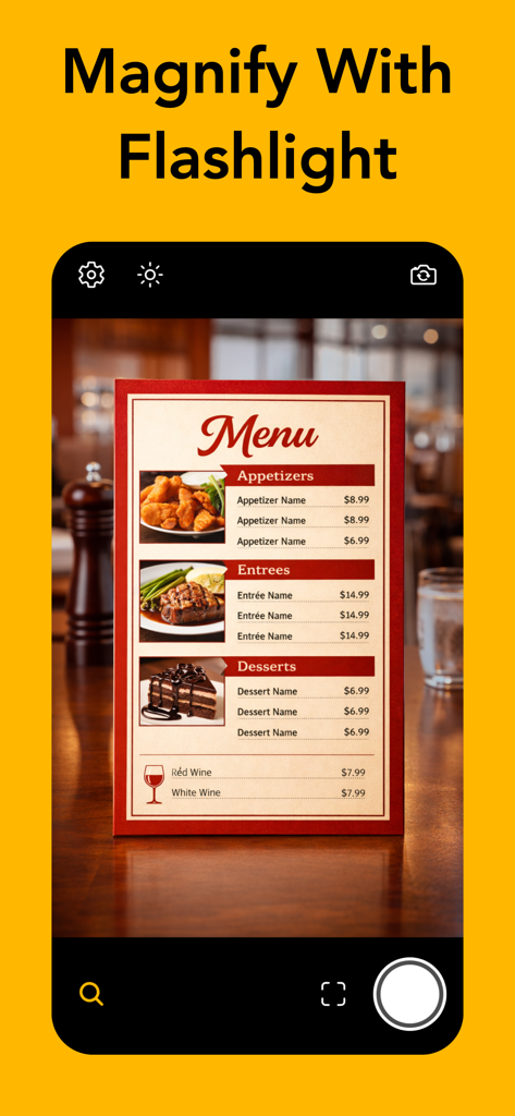 Magnifying Glass Flashlight - A smartphone screen using the Magnifying Glass Flashlight app to zoom in on a restaurant menu