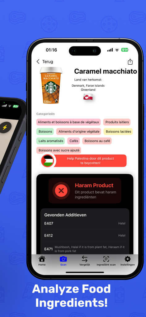 HalalFoodScan: halal scanner - Aplicativo HalalFoodScan mostrando a análise de um produto alimentar rotulado como Haram