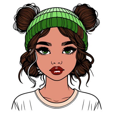 realistic girl with buns in her hair with a beanie on