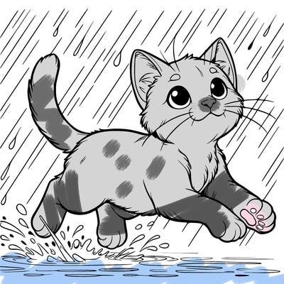 realistic cat running in rain