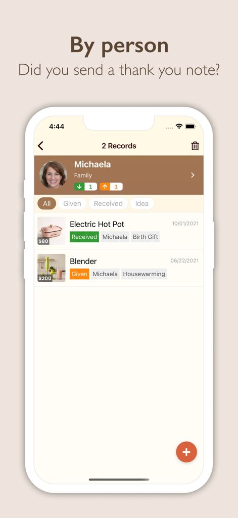 Screenshot of Gift Recorder app showing gift history for a family member including given and received items