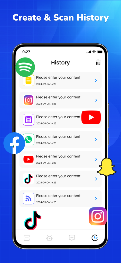 App interface showing the history of created and scanned QR codes with social media icons.