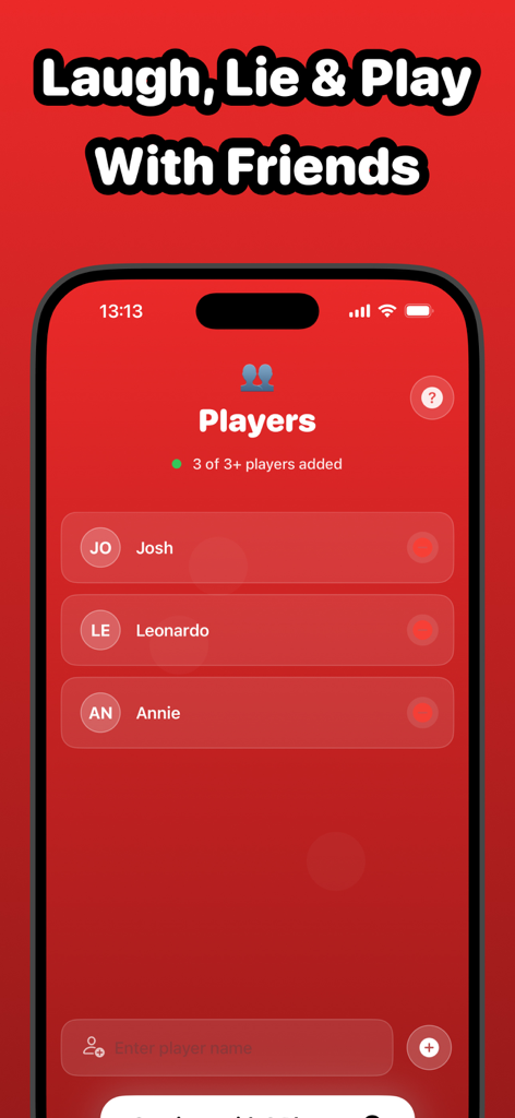 Faker: Who is Lying? Game - Tela de seleção de jogadores do jogo de festa Faker mostrando três jogadores adicionados em uma interface vermelha.