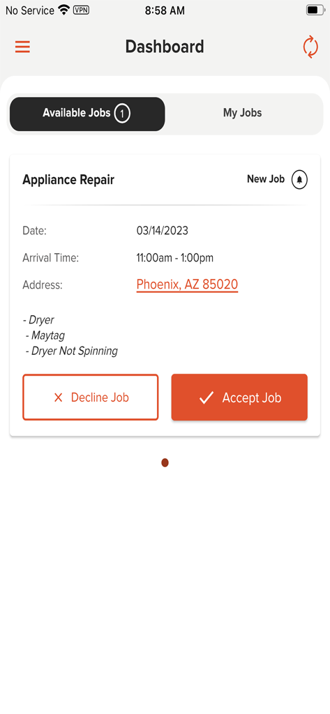 Frontdoor Pro ProApp dashboard displaying an available appliance repair job card with buttons to accept or decline the work