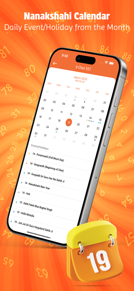 The Nanakshahi Calendar interface within the Sikh World app listing daily religious events and holidays
