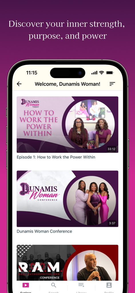 Interface do aplicativo móvel Dunamis Woman TV mostrando vídeos de crescimento espiritual e cura.