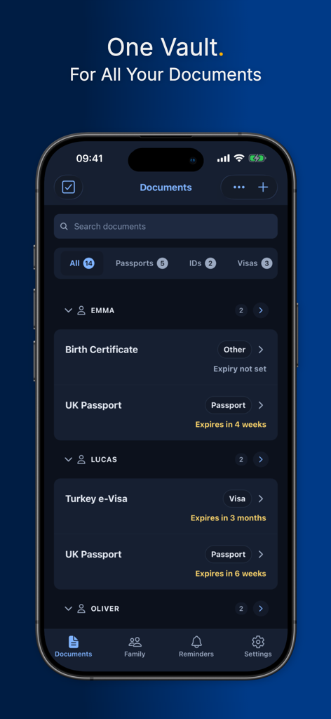 L'interfaccia dell'app Travel Document Vault che mostra le date di scadenza dei passaporti e visti familiari organizzate per profilo.