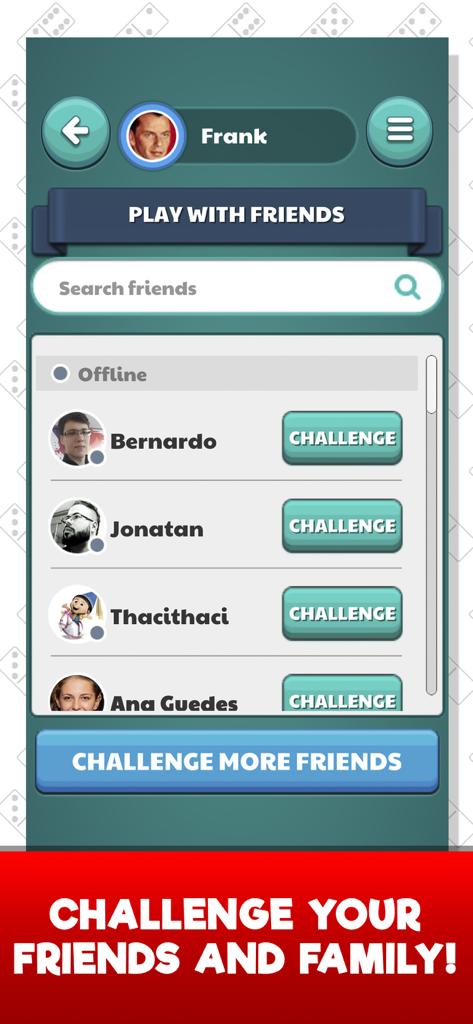 Dominoes Jogatina: Board Games - Interfaz de la aplicación Dominoes Jogatina mostrando la pantalla de jugar con amigos con botones de desafío para partidas multijugador.