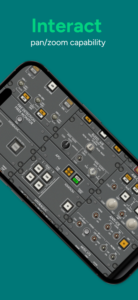 Interactive CRJ-700 cockpit panel showing various aircraft switches and controls with zoom capability