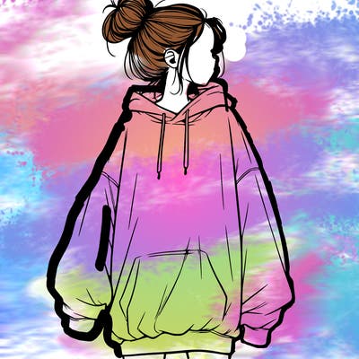 realistic girl with a oversized sweatshirt on and a bun