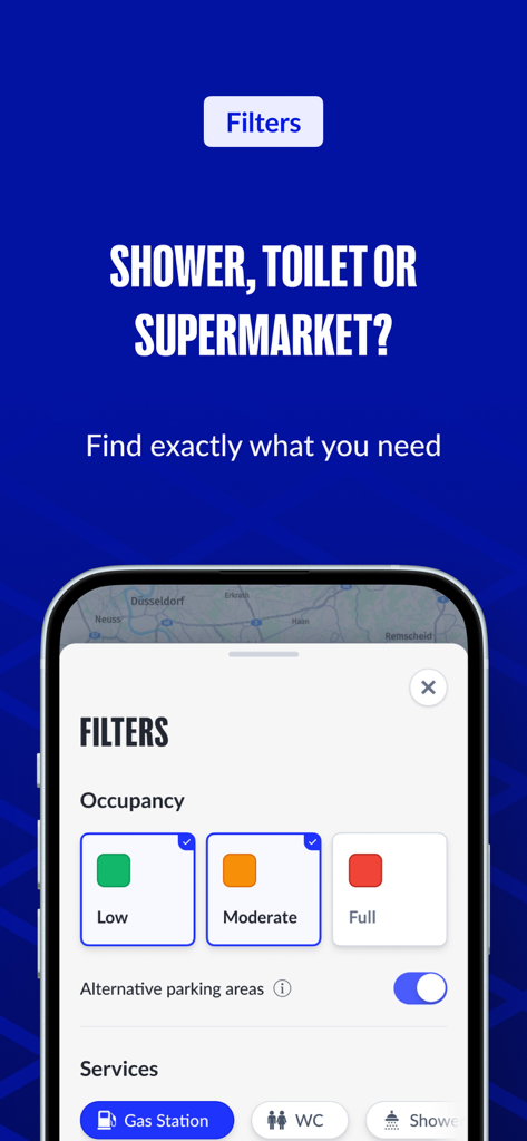 A screenshot of the LKW app filter menu for truck parking occupancy and amenities like gas stations and showers