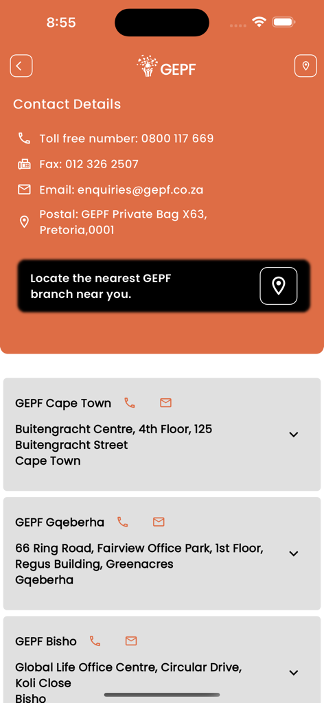 GEPF Self Service - GEPF Self Service app screen showing contact information and branch office locations in Cape Town, Gqeberha, and Bisho.