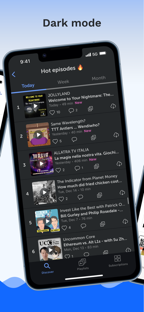 Breaker social podcast app displaying trending episodes list in dark mode