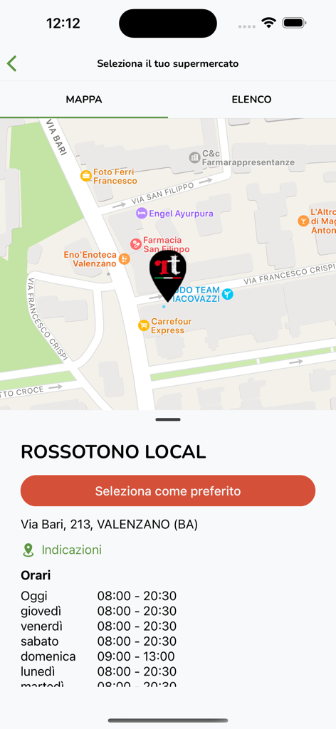 Vista mappa e orari di apertura del negozio per Rossotono Local nell'app Speasy