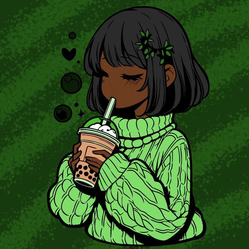 manga girl drinking boba in cozy sweater