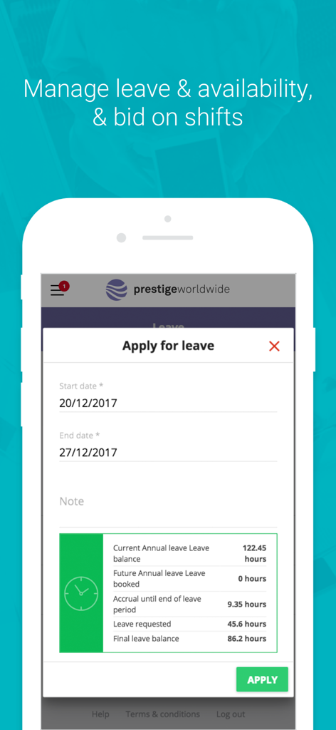 Ento Employee app interface showing a leave request form with shift balances and date selectors