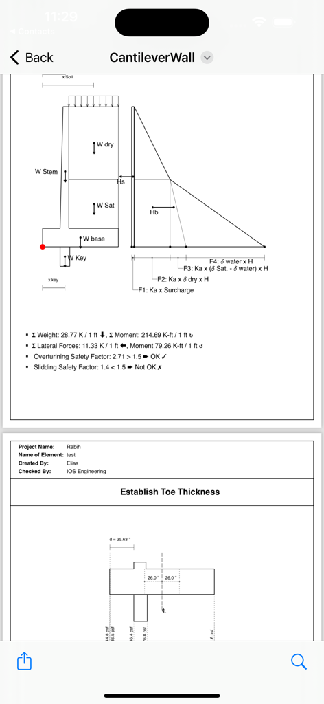 Informe detallado de estabilidad y diseño estructural de un muro de contención en voladizo