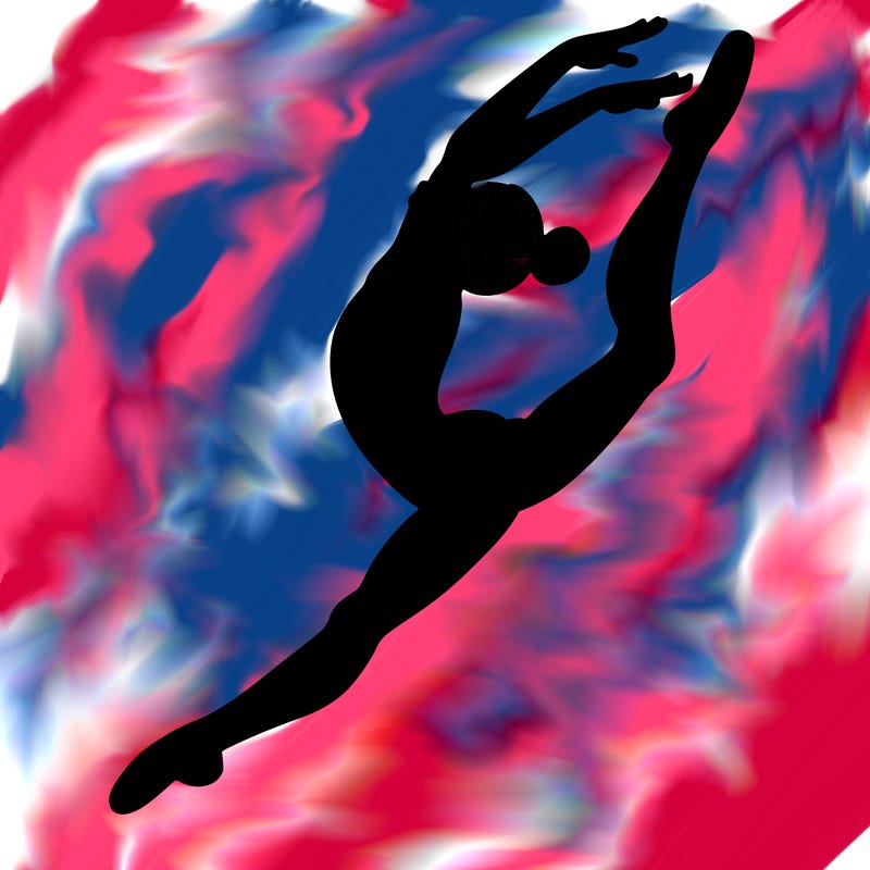 gymnast doing a leap in a leotard with a bent back leg