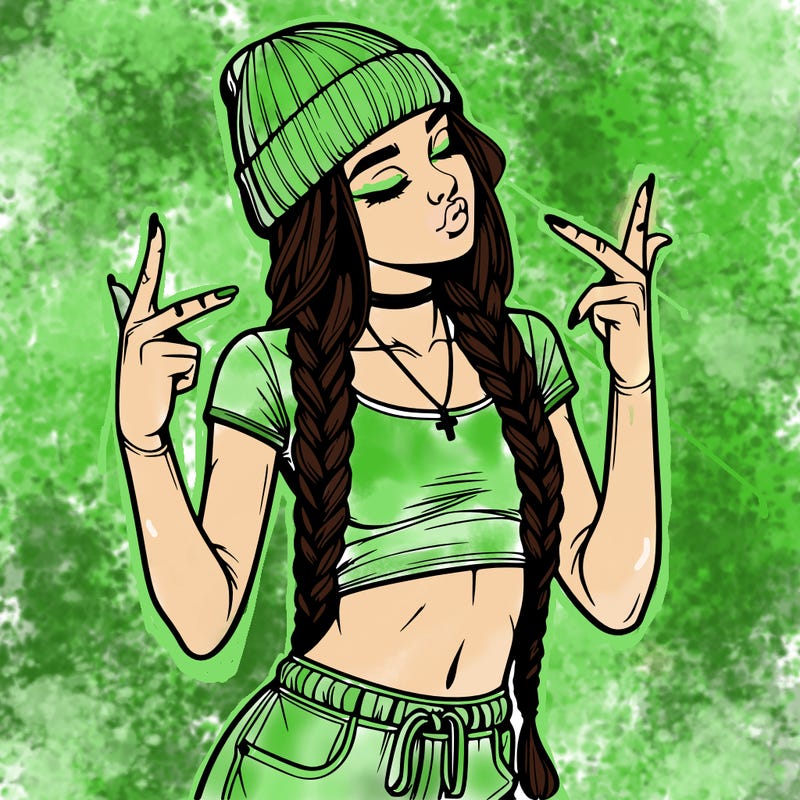 realistic teenage girl with braids and a beanie and crop top doing 🫶🏼