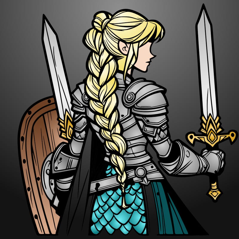 female warrior in armor with double swords and her hair in a viking braid