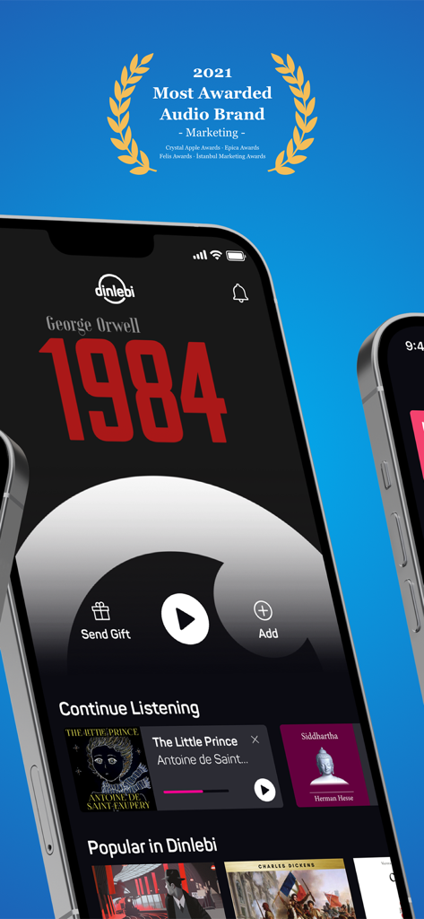 Dinlebi: Audiobook - Dinlebi audiobook app interface showing the 1984 book cover and industry marketing awards.