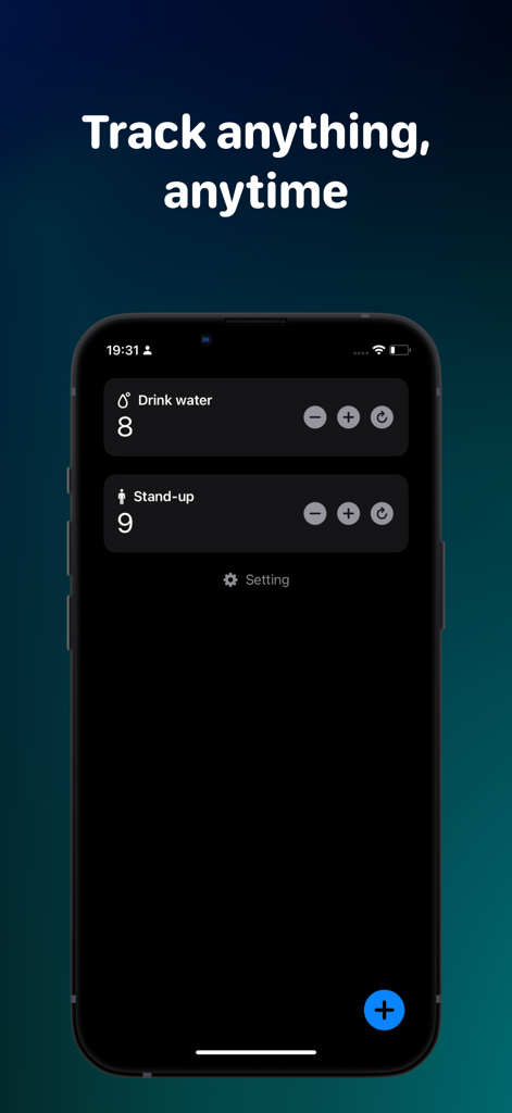 Countly - Tally&Count On Menu - Captura de pantalla de iPhone de la aplicación Countly mostrando contadores minimalistas para la ingesta de agua y hábitos de levantarse.