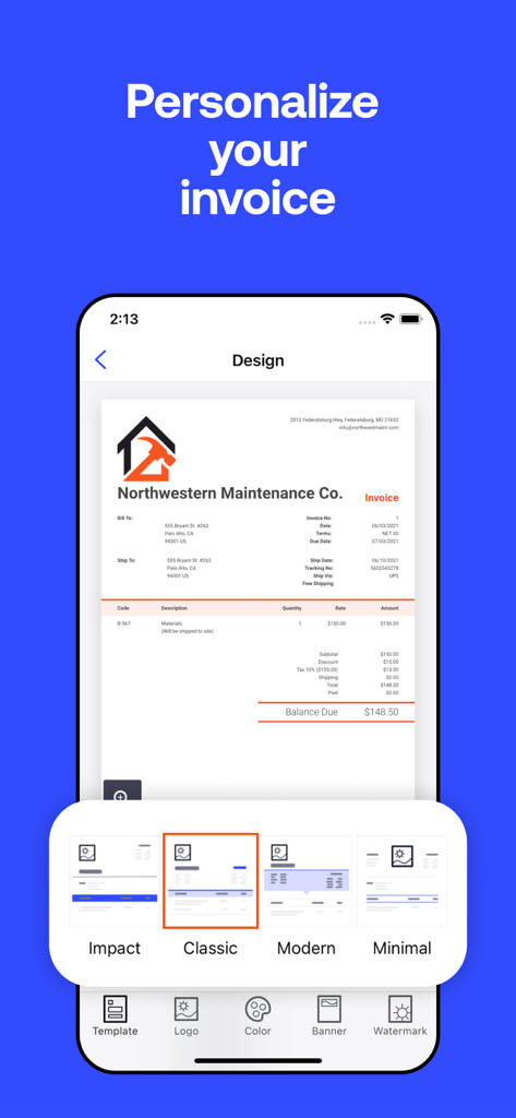 A mobile interface for personalizing invoices with different design templates like Impact, Classic, Modern, and Minimal.