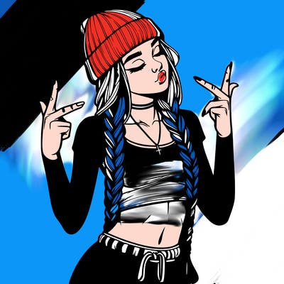 realistic teenage girl with braids and a beanie and crop top doing 🫶🏼