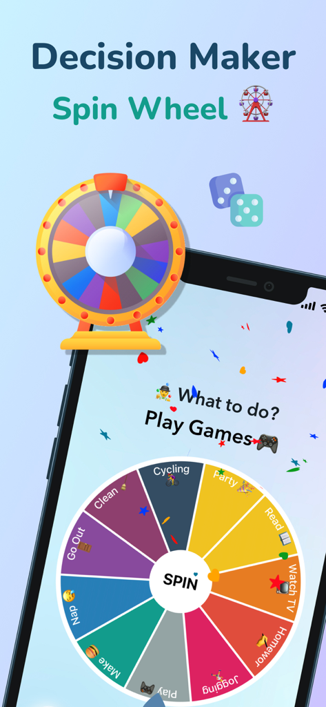 A smartphone screen displaying a colorful spin wheel for making random decisions between daily activities