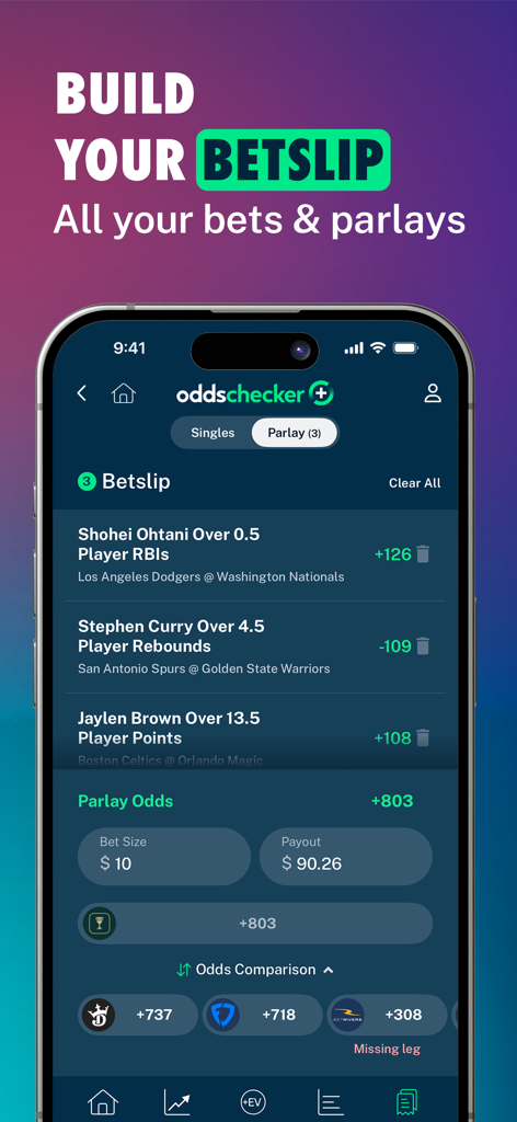 Oddschecker+ AI Betting Tools - Oddschecker plusアプリの画面。複数のブックメーカーからのリアルタイムオッズ比較を表示するプレイヤ―プロップパーレーベットスリップを表示
