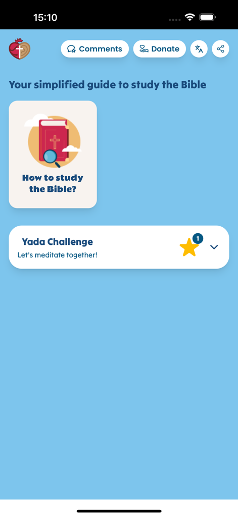 Yada Project - Tela inicial do aplicativo Projeto Yada com opções de guias de estudo bíblico e desafios de meditação.