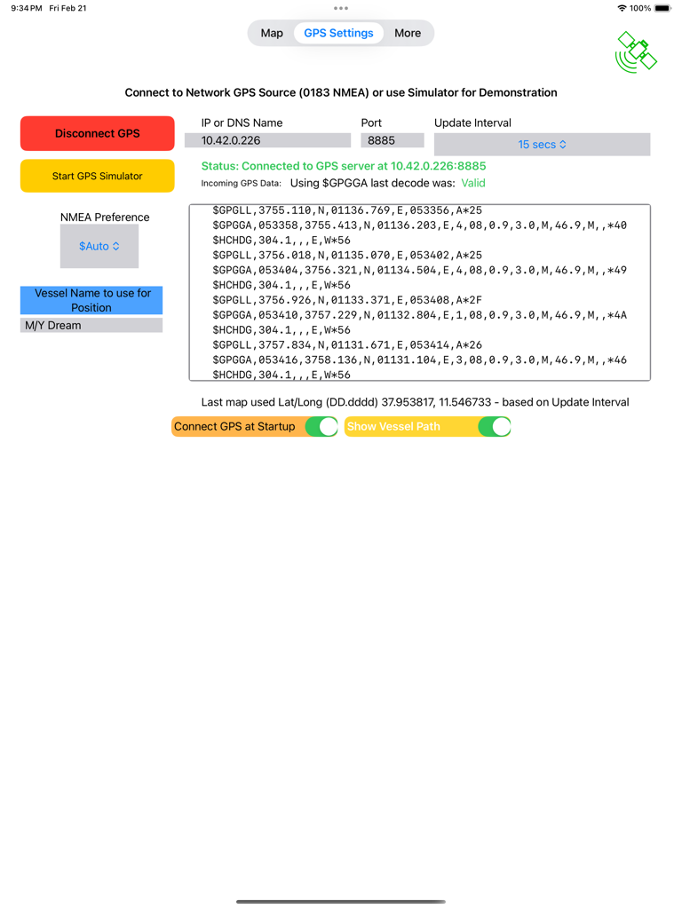 Ship Location - Interface des paramètres GPS montrant la connexion réseau NMEA et le flux de données en direct pour la navigation du navire